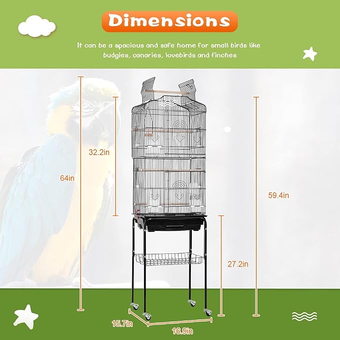 BestPet 64 inch Wrought Iron Bird Cage for Parakeets Medium Small Parrots Parakeet Cage with Detachable Rolling Stand & Play Open Top for Cockatiels Lovebird Finches Canaries (Black) - Image 7