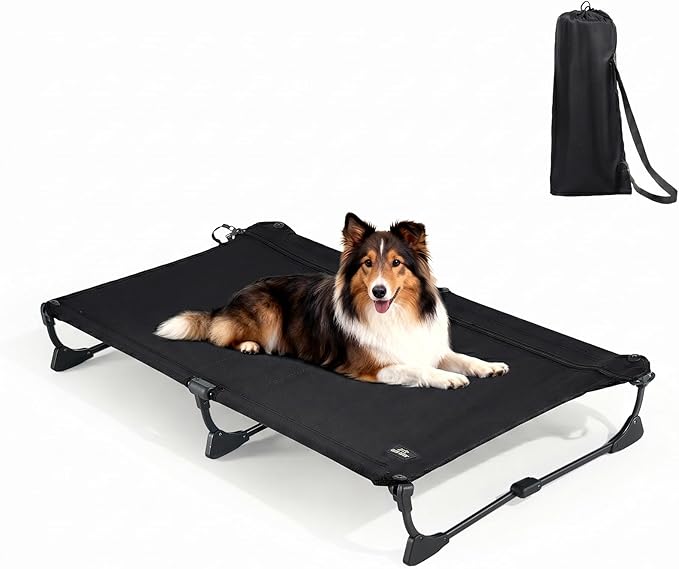 CANINE CANYON Upgraded Non-Slip Daisy Cot, Large Foldable Elevated Dog Bed, Portable Raised Outdoor Folding Dog Cot for Camping/Home, Chew Proof Waterproof Heavy Duty Up to 160 Lbs, Black, 43"x27" by CanineCanyon