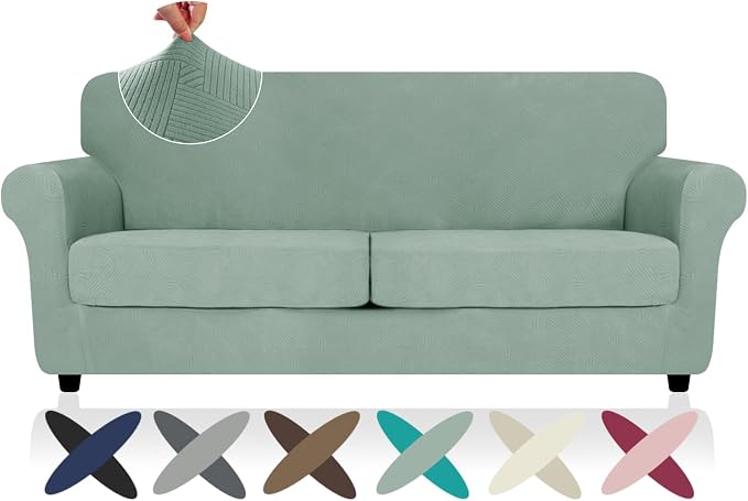ZNSAYOTX 3 Piece Stretch Sofa Covers (71"-91") for 2 XL Cushion Couch, Thick Striped Sofa Cover with Elastic Band Bottom Ties Non-Slip Stay in Place, Soft Durable Couch Slipcovers, Pea Green by ZNSAYOTX