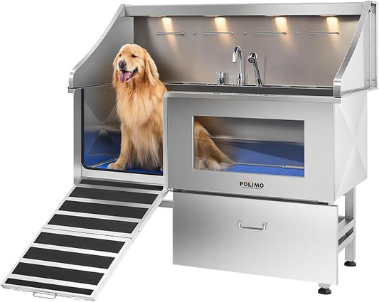 POLIMO Dog Washing Station with LED Display 61" (Left Ramp), 304 Stainless Steel Dog Bathtub for Large, Medium & Small Dogs, Professional Grooming Tub with Faucet, Storage Drawer, Floor Grate, Window by BathTimeMadeEasy