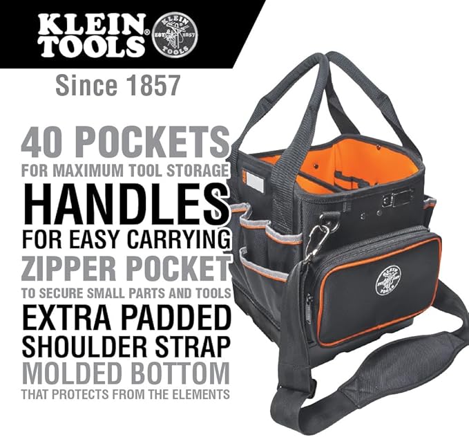 Klein Tools 5541610-14 Tool Bag with Shoulder Strap Has 40 Pockets for Tool Storage and Orange Interior - Image 2