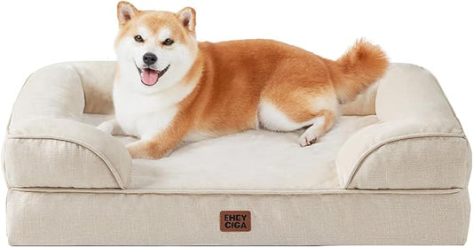 EHEYCIGA Orthopedic Dog Bed for Large Dogs, Waterproof Memory Foam, Non-Slip Bottom, Beige, 35"L x 22"W x 6.5"Th | Non-Slip Bottom and Egg-Crate Memory Foam Dog Couch Bed with Washable Removable Cover, Beige by EHEYCIGA