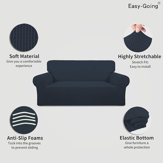 Easy-Going Stretch Oversized Loveseat Couch Covers Washable Dark Blue | 1-Piece Large Loveseat Cover for 2 Cushion Couch Furniture Protector RV Sofa Slipcover Soft with Bottom for Kids Pets - Image 3