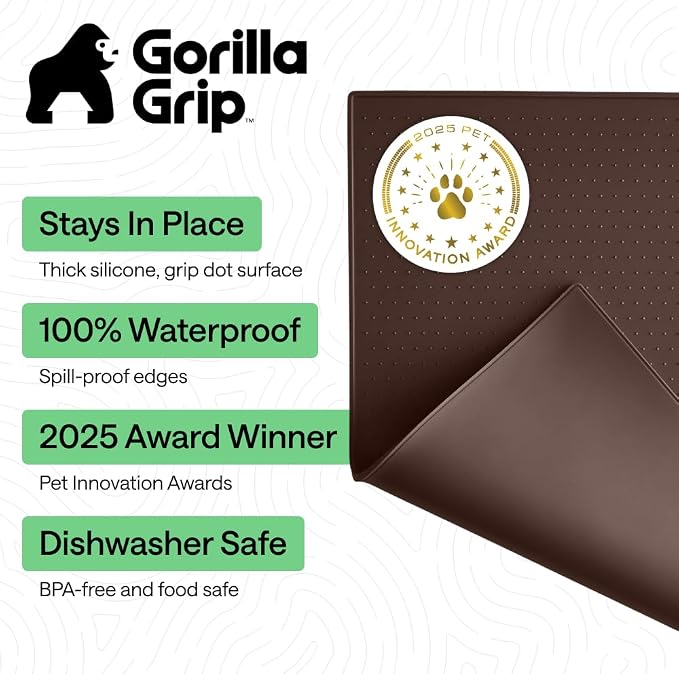 GORILLA GRIP 100% Waterproof Raised Edge BPA Free Silicone Pet Feeding Mat, Dog Cat Food Mats Contain Spills Protects Floors, Placemats for Cats and Dogs Water Bowl, Pets Accessories 26x17 Brown - Image 2