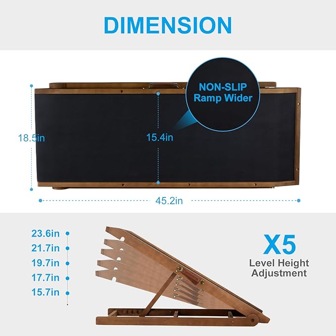 Dog Ramp for Bed and Couch- 5 Height Adjustable Premium Solid Wood Pet Ramp for Small, Medium Dogs, Collapsible Anti-Slip Dog Ramp for Sofa, Couch & Beds (Brown, 115)