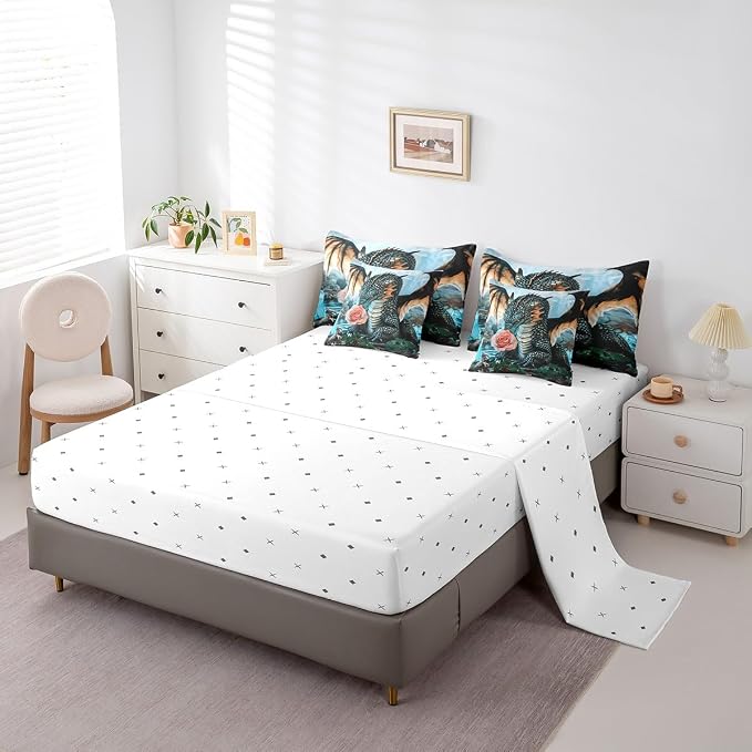 Erosebridal Magical Animal King Bedding Set - Flower Dragon Bed in A Bag,3D Wildlife Comforter Sets with Sheets, Cute Wild Animal 7 Pieces Bed Set Bedroom Decor - Image 4