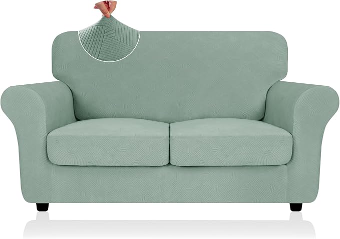 ZNSAYOTX 3 Piece Stretch Loveseat Covers (55"-69"), Thick Striped Sofa Covers for 2 Cushion Couch with Elastic Band Bottom Ties Non-Slip Stay in Place, Soft Durable Love Seat Slipcovers, Pea Green by ZNSAYOTX