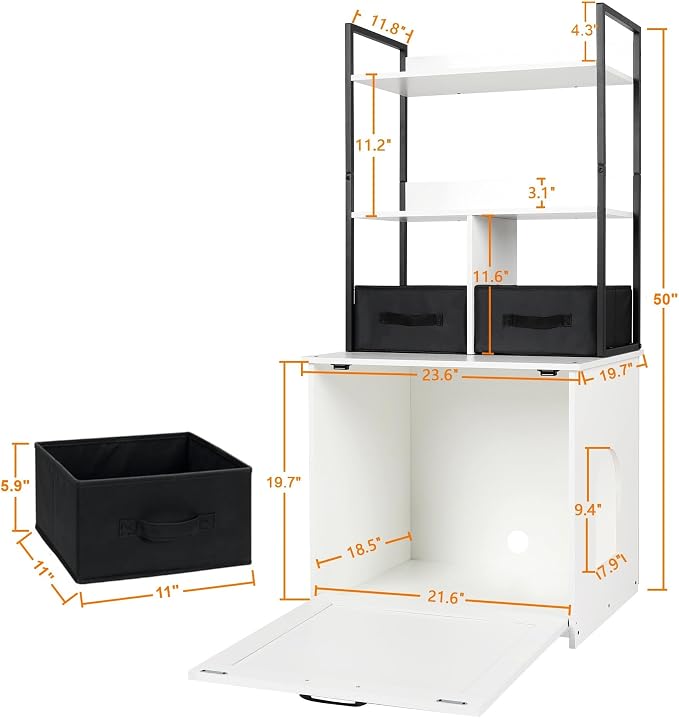 DWANTON Litter Box Enclosure with 2 Storage Shelves and 2 Drawers, 2-in-1 Hidden Cat Litter Box Enclosure Furniture with Shelf, Reversible Entrance, Washable Drawers, 50-Inch, White - Image 3