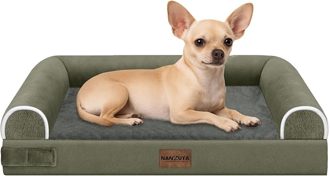 NANUYA Orthopedic Dog Bed for Small Dogs, 24 x 16 Inch, Dark Green | Egg crate foam for joint support, 3-sided bolster pet sofa, waterproof lining, washable cover, and non-skid base by Nanuya