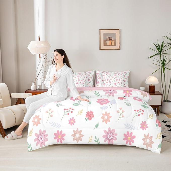Feelyou Cute Flower 7 Piece Bedding Set Fresh Flower Floral Comforter Set with Sheets for Kids Boys Girls Nature Plants Bed in a Bag Pink Green Bed Set Soft Lightweight - Image 6