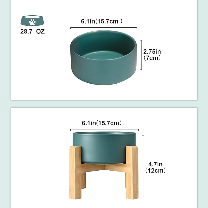 SPUNKYJUNKY Ceramic Elevated Dog Bowls 2 Pack - 6.1inch Raised Dog Bowls with Non-Slip Wooden Stand for Medium Dogs Dishwasher Safe(Green,28.7OZ*2) - Image 2