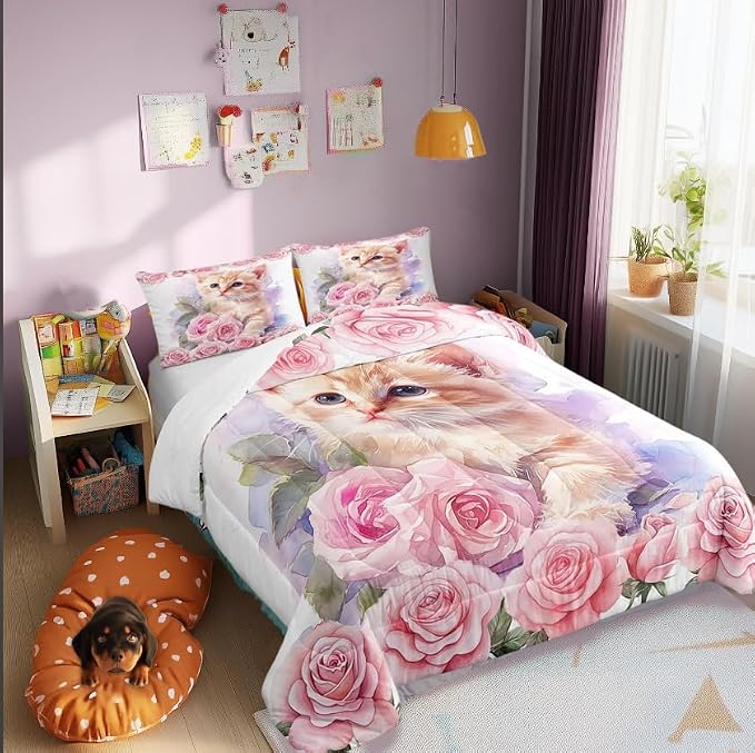 Manfei Kids Cute Animal Kitten Pet Bed Comforter Set Queen Size,Kawaii Cat Super Soft Microfiber Bedding Set for Girls Boys,Floral Pink Rose Blossoms Decorative Quilter Set - Image 2
