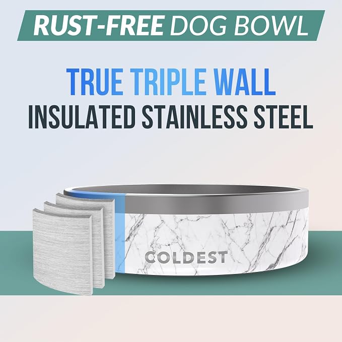 Coldest Dog Bowl - Anti Rust Metal & Non Slip Dog Bowls Large, Spill Proof Heavy Duty 3 Layers Insulated Dog Bowl - Food and Water Bowl for Dogs, Cats & Pets, Dishwasher Safe (42 oz, Carrara Marble) - Image 3