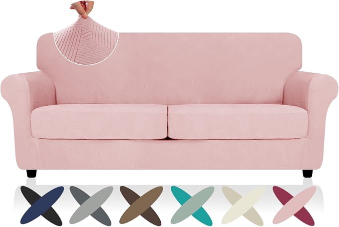 ZNSAYOTX 3 Piece Stretch Sofa Covers (71"-91") for 2 XL Cushion Couch, Thick Striped Sofa Cover with Elastic Band Bottom Ties Non-Slip Stay in Place, Soft Durable Couch Slipcovers, Rose by ZNSAYOTX