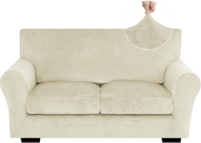 XINEAGE 3-Piece Velvet Loveseat Sofa Cover, Couch Covers for Dog,Beige | 2 Cushion Loveseat,Stretch Non-slip Elastic, Pet-friendly, Washable, Fast Setup, Soft Plush Fabric, Furniture Protector. by XINEAGE