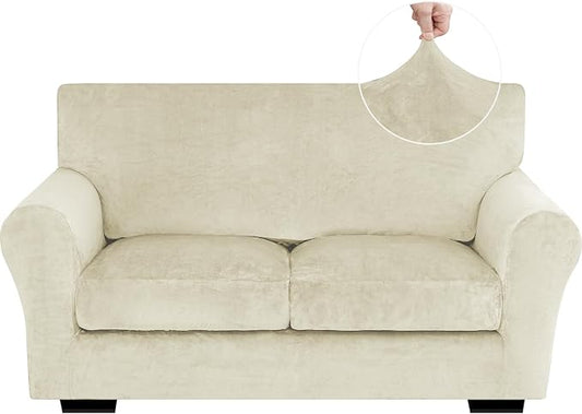 XINEAGE 3-Piece Velvet Loveseat Sofa Cover, Couch Covers for Dog,Beige | 2 Cushion Loveseat,Stretch Non-slip Elastic, Pet-friendly, Washable, Fast Setup, Soft Plush Fabric, Furniture Protector. by XINEAGE
