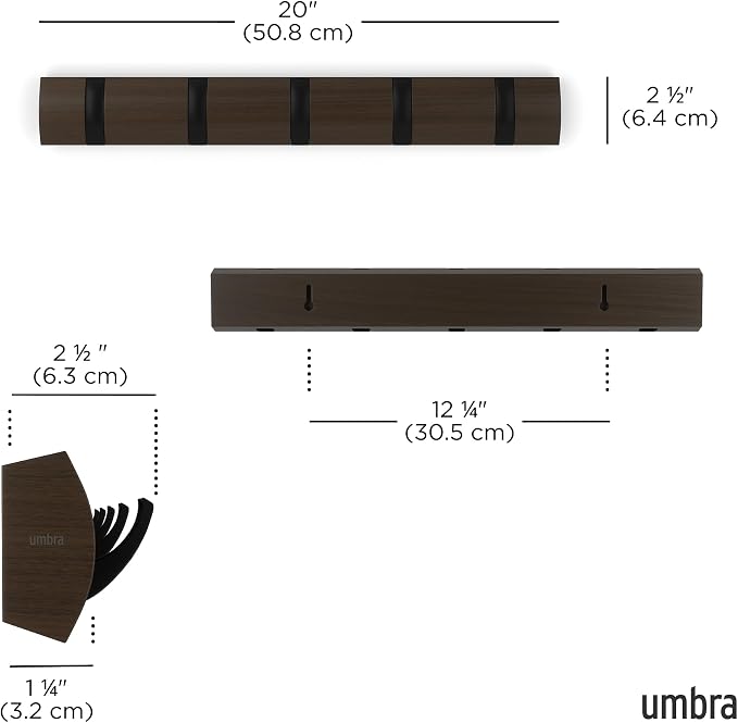Umbra Flip Coat Rack, Wall Mounted 5-Hook Space Saving, Walnut/Black | Real wood and steel build, retractable hooks fold flat, holds coats bags and scarves, easy install - Image 3