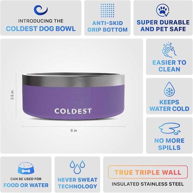 Coldest Dog Bowl - Anti Rust Metal, Non Slip, 3 Layers Insulated Stainless Steel Dog Bowls - Spill Proof & Heavy Duty - Water Bowl for Dogs, Cats & Pets, Dish Washer Safe (64 oz, Galaxy Purple) - Image 5