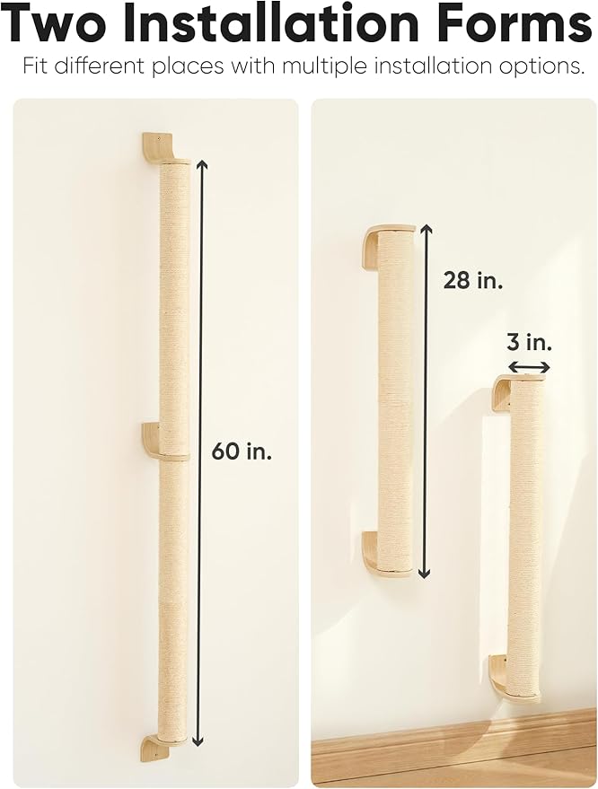 FUKUMARU Cat Wall Scratcher, 60" Tall Kitten Scratching Post | Natural Sisal Pole, Wall Mounted Climbing Tree for Indoor Large Cats - Image 4