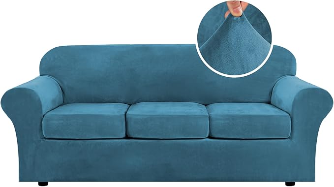 H.VERSAILTEX Modern Velvet Plush 4 Piece High Stretch Sofa Slipcover Sofa Cover Furniture Protector Form Fit Luxury Thick Velvet Sofa Cover for 3 Cushion Couch Width Up to 90 Inch (Sofa,Peacock Blue) by HVERSAILTEX