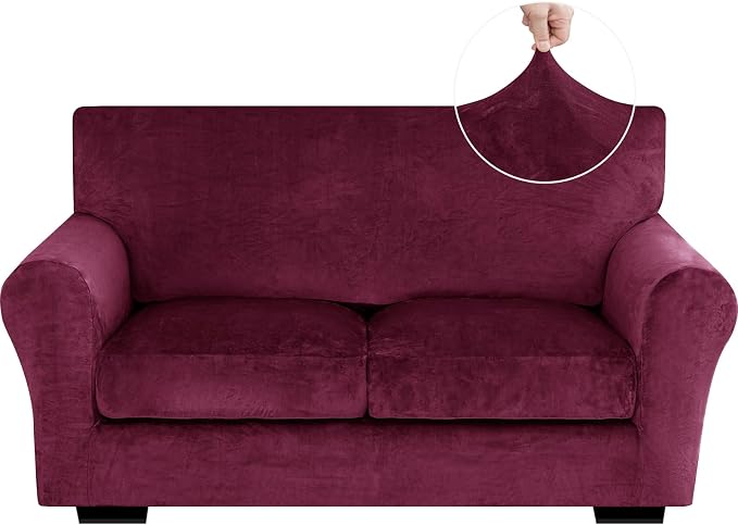 XINEAGE 3-Piece Velvet Loveseat Sofa Cover, Couch Covers for Dog,Wine Red | 2 Cushion Loveseat,Stretch Non-slip Elastic, Pet-friendly, Washable, Fast Setup, Soft Plush Fabric, Furniture Protector. by XINEAGE
