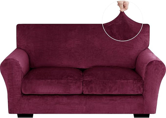 XINEAGE 3-Piece Velvet Loveseat Sofa Cover, Couch Covers for Dog,Wine Red | 2 Cushion Loveseat,Stretch Non-slip Elastic, Pet-friendly, Washable, Fast Setup, Soft Plush Fabric, Furniture Protector. by XINEAGE