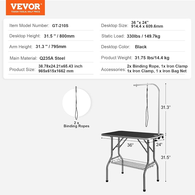VEVOR Pet Grooming Table Arm with Clamp, 36''x24'' Dog Grooming Station, Foldable Pets Grooming Stand for Medium and Small Dogs, Free No Sit Haunch Holder with Grooming Loop, Bearing 330lbs - Image 7