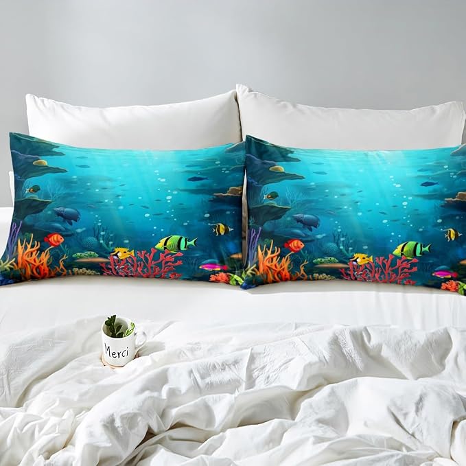 Underwater World Bedding Set,3D Sea Turtle Tropical Fish Coral Bed Sheet Set for Kids Boys Girls Adults,Sealife Ocean Creature Fitted Sheet,Aquatic Animal Flat Sheet 3Pcs Soft Sheet Set,Twin Size - Image 6