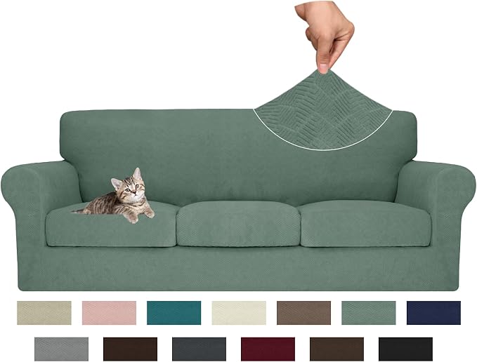 MAXIJIN 4 Piece Couch Covers for 3 Cushion Couch Sofa Covers, Stretch Couch Slipcovers for Sofas with 3 Cushions, Thick 3 Seat Furniture Protector for Dogs Pet (71"-91", Pea Green) by MAXIJIN