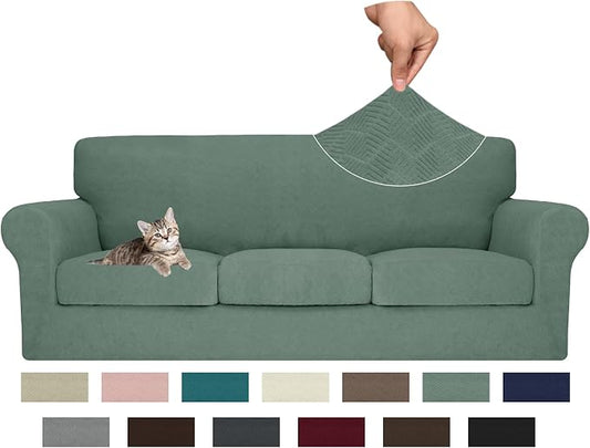 MAXIJIN 4 Piece Couch Covers for 3 Cushion Couch Sofa Covers, Stretch Couch Slipcovers for Sofas with 3 Cushions, Thick 3 Seat Furniture Protector for Dogs Pet (71"-91", Pea Green) by MAXIJIN