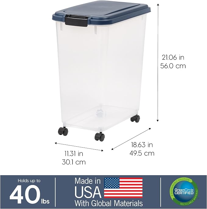 IRIS USA Airtight Dog Food Storage Container, Up to 40 lbs, Attachable Wheels, For Dog Cat Bird and Other Pet Food Storage Bin, Keep Fresh, Translucent Body, Easy Mobility, Navy | Clear Plastic Bin with Snap-Lid Seal and Wheels to Keep Kibble, Pellets,... - Image 3
