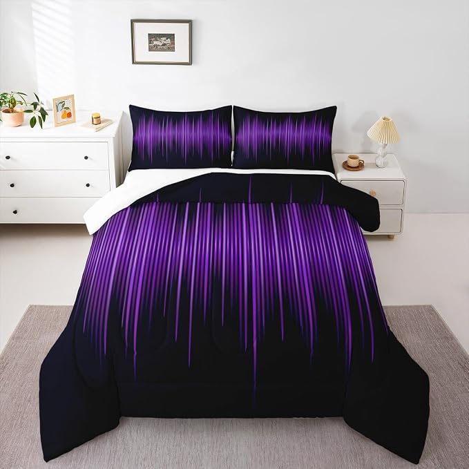Geometric Abstract Stripes Kids Comforter Set Queen Size,Purple Gradient Lines Bedding Set,Boys Girls Adults Bedroom Decor,Modern Stylish Down Comforter,Black Simple Duvet Insert,3pcs,2 Pillowcases - Image 5