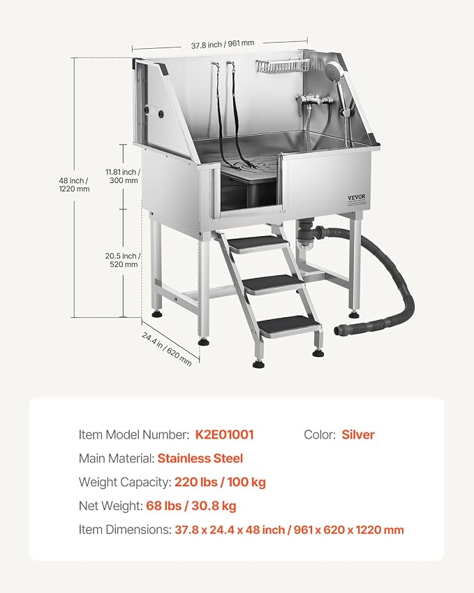 VEVOR 38 Inch Stainless Steel Dog Washing Station, Pet Grooming Tub with Hot & Cold Faucet, Showerhead, Home Wash Sink, Fits Small and Medium Cats and Dogs, Non-Slip Stairs (Left Door) - Image 7