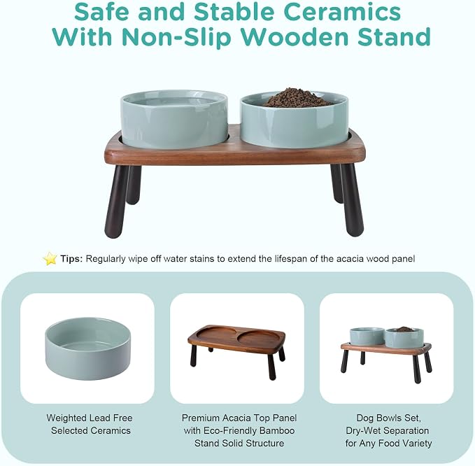 SPUNKYJUNKY Ceramic Elevated Dog Bowls Raised with Acacia Bamboo Wooden Stand, 6.1'' Dog Cat Food Water Bowls Set Non-Slip for Small Medium Sized Breed Microwave Dishwasher Safe - 28.7 OZ,Light Green - Image 5
