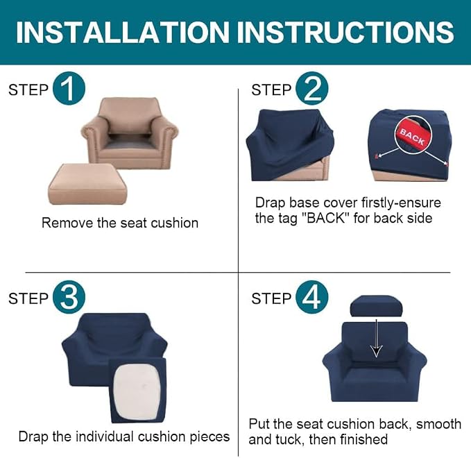 Turquoize 2 Piece Chair Covers Chair Slipcovers for Living Room Armchair Couch Cover Chair Sofa Cover with Individual Cushion Covers Furniture Cover for Chairs Feature Jacquard Fabric (Chair, Navy) - Image 6