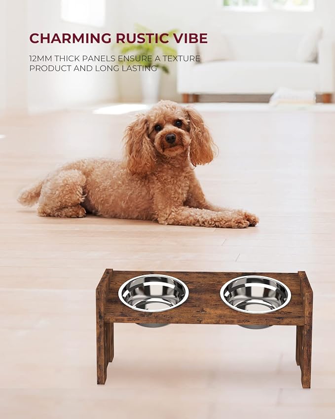 Vantic Elevated Dog Bowls, Raised Bowl Stand Adjustable Small, Rustic Brown | Particle Board Raised Feeder with 2 Stainless Steel Bowls, Adjustable Height for Small Puppies and Cats - Image 7