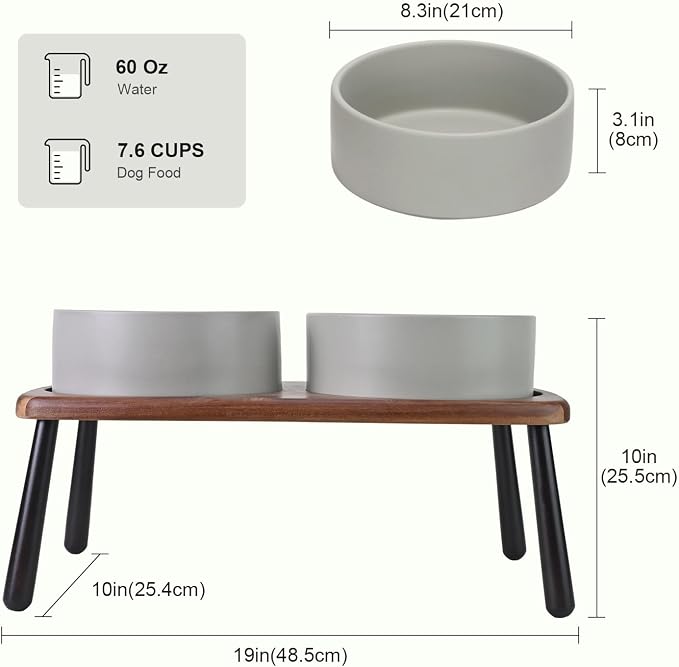 SPUNKYJUNKY Ceramic Elevated Dog Bowls Raised with Acacia Bamboo Wooden Stand, 8.3'' Dog Food Water Bowls Set Non-Slip for Medium Large Sized Breed Microwave Dishwasher Safe - 60 OZ,Grey - Image 2