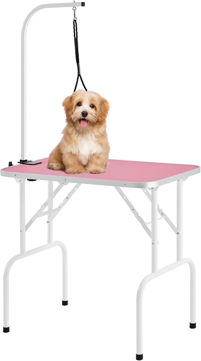 Yaheetech 32-inch Foldable Pet Dog Grooming Table w/Adjustable Height Arm - Drying Table for Home w/Noose for Small Dogs Cats, Maximum Capacity Up to 220lbs, Pink by Unknown