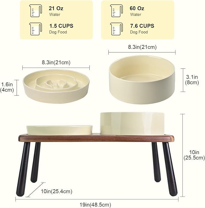 SPUNKYJUNKY Ceramic Elevated Dog Bowls with Slow Feeder Raised Acacia Bamboo Wooden Stand, 8.3'' Dog Food Water Bowls Set Non-Slip for Medium Large Sized Breed Microwave Dishwasher Safe - Beige - Image 2