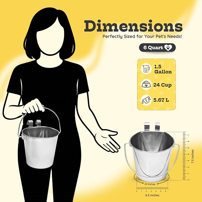 6 Quart Stainless Steel Flat Sided Bucket with Dual Hooks | 2 Pcs Food & Water Bowl for XL Dog Goat Cattle Horse & Livestock | Fits kennel Crate Cages Farm Hanging Pet Pail | Multipurpose - Image 2