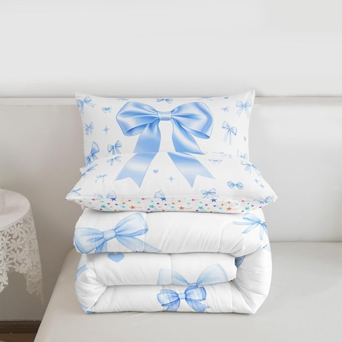 Manfei Blue Bow Bedding Set for Boys Girls,Cute Ribbon Bowknot All Season Cozy Comforter Set Full Size,Kawaii Princess Style Duvet Set Bedroom Decor,Personalized Birthday Gifts - Image 6