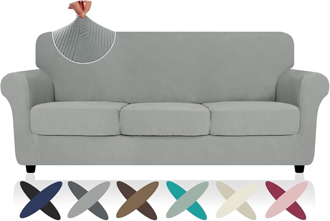ZNSAYOTX 4 Piece Stretch Sofa Covers (71"-91"), Thick Striped Couch Covers for 3 Cushion Sofa with Elastic Band Bottom Ties Non-Slip Stay in Place, Soft Durable Washable Couch Slipcovers, Light Grey - Image 7