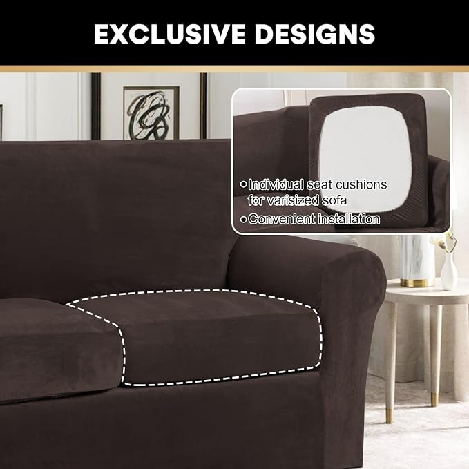 PrinceDeco Velvet Couch Covers for Sofa Soft 4 Pieces Couch Covers for 3 Cushion Couch Sofa Pet Friendly Furniture Protector with Non Slip Elastic Bottom Width Up to 97 Inch (Large Sofas, Brown) - Image 5
