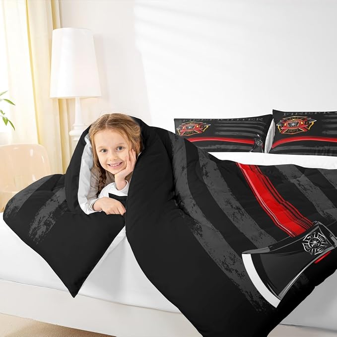 Firefighter Comforter Set Full Size,American Flag Geometric Stripes Bedding Set,Boys Girls Adults Room Decor,Fire Fighting Truck Tools Down Comforter,Red Black Fashion Duvet Insert,2 Pillowcases - Image 5