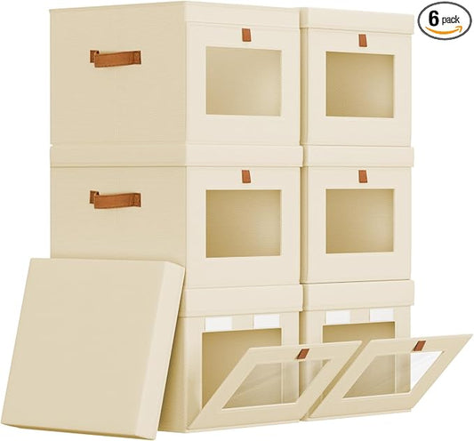 Homsorout Storage Bins with Lid – Closet Organizer with Side Opening and Clear Window, Foldable Stackable Fabric Basket for Clothes, Home, Office - 13.77" x 11.8" x 9.8", 6 Pack, Beige by Homsorout