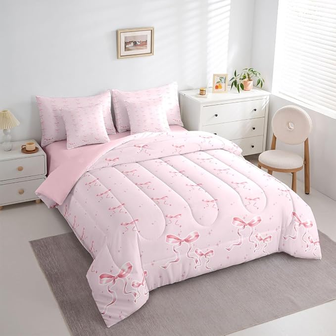 Erosebridal Girly Bowknot 7 Pcs Comforter Set Full Bed in A Bag Girls Pink Bow Bedding Set Coquette Room Decor Dreamy Ribbon Bow Knot Princess Sheets Watercolor Aesthetic Bowtie Bed Comforter Sets - Image 3