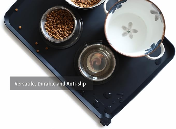 Hoki Found Large Silicone Pet Food Mats Tray - Non Slip Dog Cat Bowl Mats Placemat - Pet Feeding Mat - Pet Water Mats for Floors- Waterproof Dog Cat Food Mats - Black - Image 4