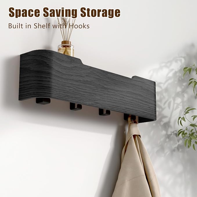 Coat Rack Wall Mount with Hidden Hooks, Wall Hooks with Shelf, Wall Key Holder Mount Wooden Shelf Entryway Hooks for Bedroom Bathroom for Hanging Coats Hats Bags Towels (Black, 4 Hooks) - Image 2