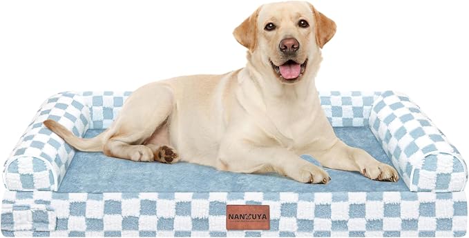 NANUYA Orthopedic Dog Bed for Large Dogs, 38 x 25 Inch, Blue Grid | Egg crate foam for joint support, 3-sided bolster pet sofa, waterproof lining, washable cover, and non-skid base by Nanuya