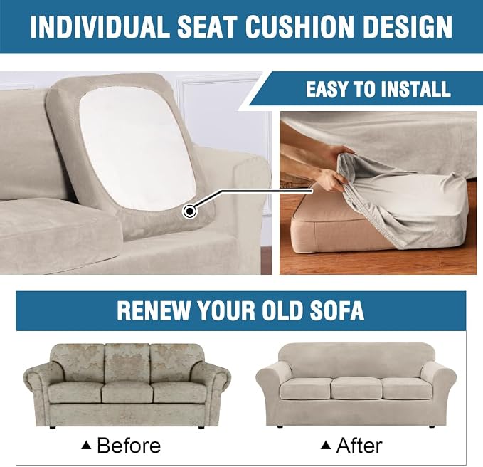H.VERSAILTEX Modern Velvet Plush 4 Piece High Stretch Sofa Slipcover Sofa Cover Furniture Protector Form Fit Thick Velvet Sofa Cover for 3 Cushion Couch Width Up to 90 Inch (Sofa, French Oak) - Image 6